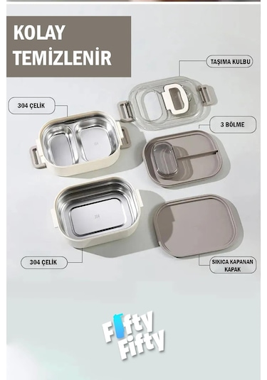 Vagonlife 1 L İki Kat Üç Bölme Paslanmaz Çelik Bento Lunch Box Sos Kaseli Mode