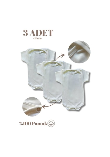 3lü Ekru Renk Organik Pamuk Çıtçıtlı Bebek Body Zıbın Ekru
