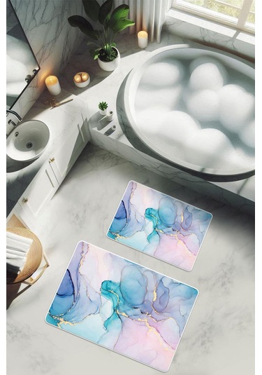 Yıkanabilir Kaymaz Tabanlı Modern Desenli 2'li Banyo Paspas Takımı Bps0022 Renkli