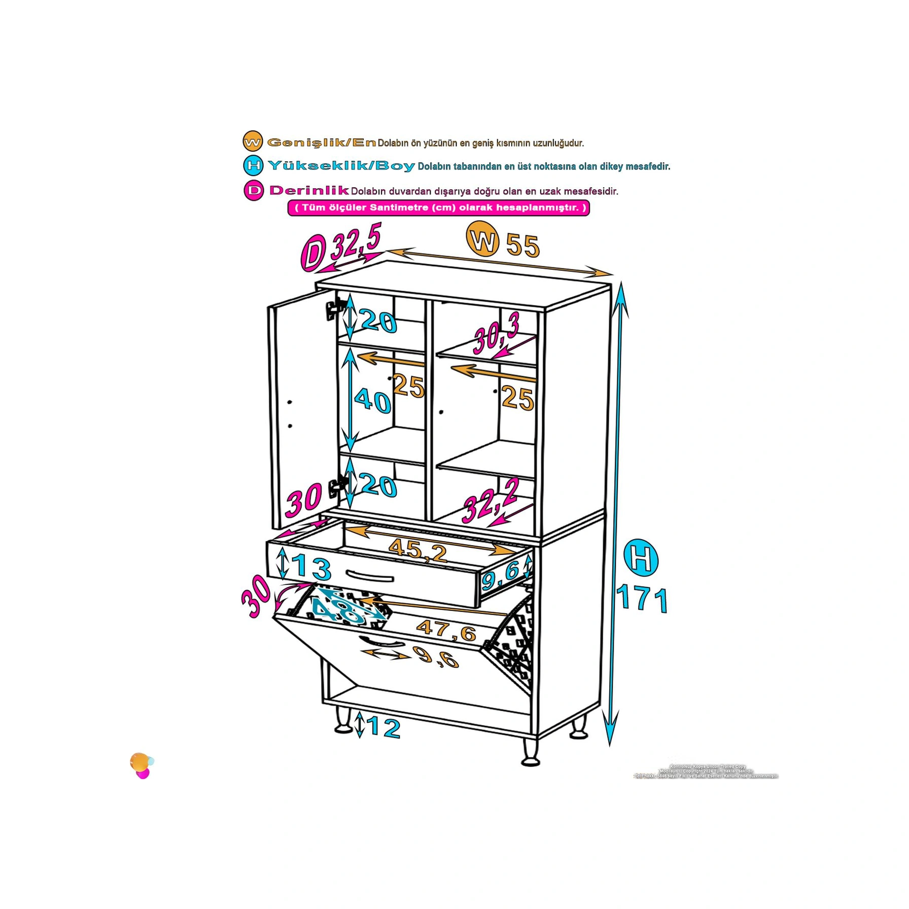 Yeni Kayra Tek Çekmece, 1 Göz Sepet, 2 Kapak, 6 Raf Dar Alan Banyo Dolabı 55x173x32,5 Cm Beyaz