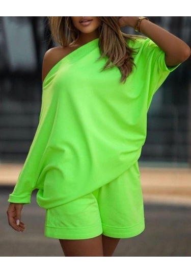 Kadın Kayık Yaka Salaş Iki Iplik Bluz Ve Şort Ikili Takım Yeşil