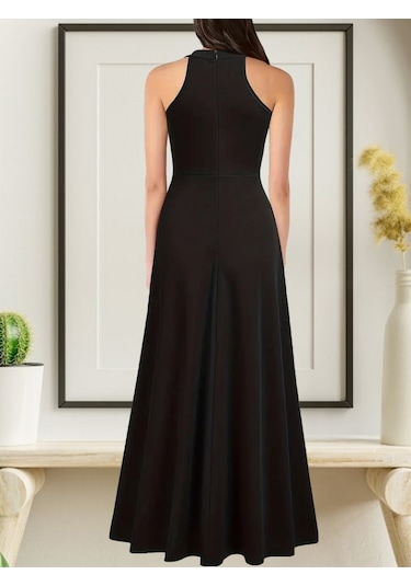 Ahes Shopping Kadın Halter Yaka Derin Yırtmaç Detaylı Tam Boy Ithal Krep Abiye Elbise Siyah