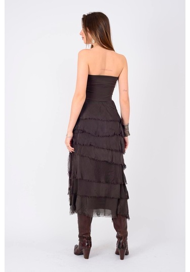 İtalyan 2 Beden Ince Gösteren Kat Kat Ipek Etek & Straplez Elbise Kahve Rengi