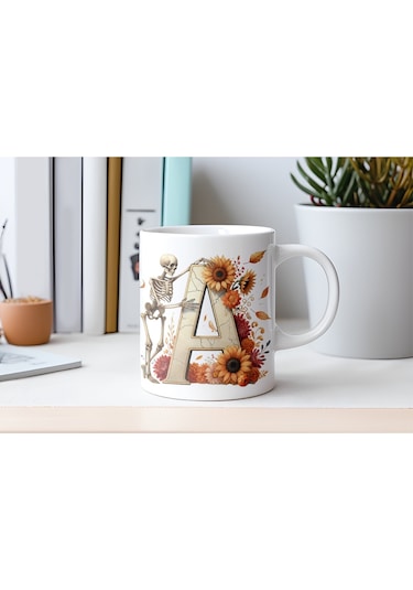 A Harfi Gotik İskelet Kupa Bardak -retro Çiçekli Tasarım - Cadılar Bayramı / Halloween Hediye Beyaz