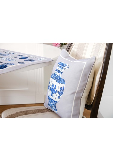 Finezza Vista Baskılı Kumaş Kreme Mavi Kırlent Kılıfı 45x45  İkili - 1429