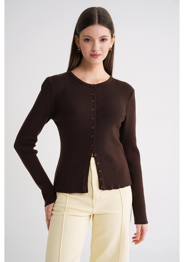 6931 Kadın Düğmeli Fitilli Triko Hırka Kahve Kahve