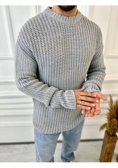 Kazak Oversize Çift Kat Zincir Örgü Naturel Pamuk Bol Kesim Tüylenmez Triko Kazak Gri