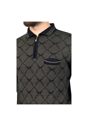 Kamalı Erkek Çelik Örgü Gömlek Yaka Cepli Fermuarlı Polo Yakalı Tüylenmeyen Triko Kışlık Baba Kazak Siyah