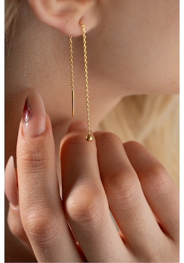 Nereze 925 Ayar Gümüş Gold Kaplama Minik Toplu Zincir Küpe