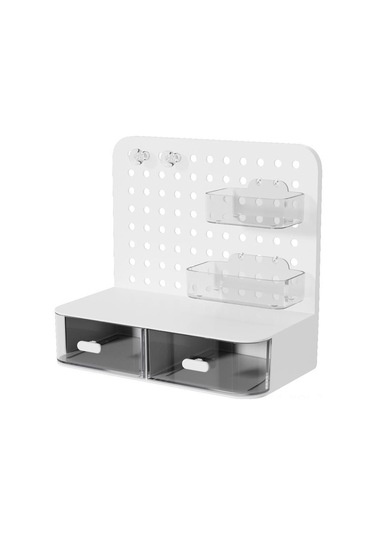 Konesam Masa Üstü Delikli Tahta Çekmeceli Saklama Kutusu - Deliksiz Kurulum, Çok Amaçlı Organize, Sağlam Malzeme Beyaz