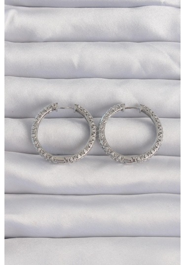 Pirinç Gümüş Renk Zirkon Taşlı Motifli Halka Küpe Gold