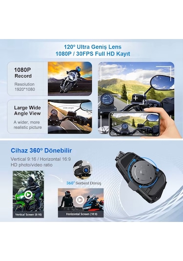 Motosiklet Kask İntercom Su Geçirmez 1080p Hd Sürüş Kaydedici Kamera 5.3 Bluetooth