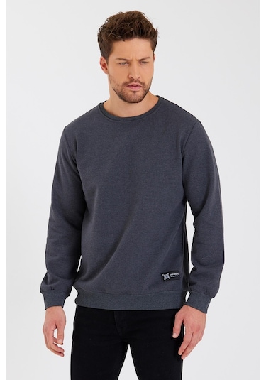 MMetalic Bisiklet Yaka Etiket Detayı İçi Pamuklu Erkek Sweatshirt Antrasit