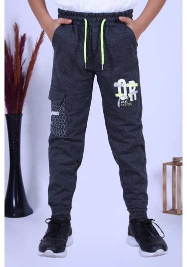 3lü Farklı Baskı Detaylı Beli Lastikli Erkek Çocuk Eşofman Altı Füme - Siyah