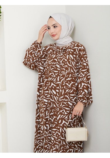 Desenli Önü Büzgülü Viskon Elbise - Taba / E0131 Taba