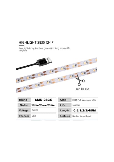 Beyaz 5v Usb Led Şerit Işık Smd 2835 50cm 1m 2m 4m 5m Beyaz/sıcak Beyaz Ip65 Esnek Aydınlatma Şerit Bant Arka Işık 5m Ip33