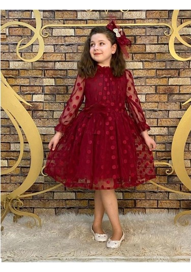 Fiyonk Detaylı Puantiyeli Kurdelalı Tül Elbise - Tül Abiye - Mezu