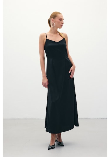 Sateen Askılı Uzun Saten Elbise - Siyah-136327 Siyah