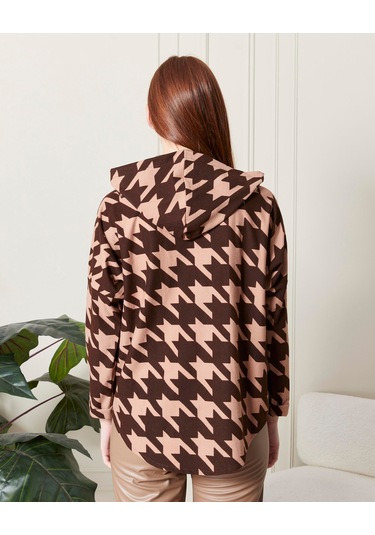 Bw Best Woman Kapüşonlu Oversıze Pera Gömlek-kahverengi Desenli Kahverengi