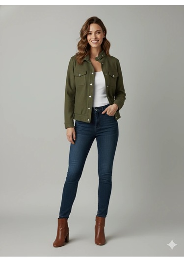 Kadın Taba Zarif Kısa Ceket Toka Detaylı Dik Yaka Cepli Süet/kaşe Baharlık Ceket Haki Yeşili