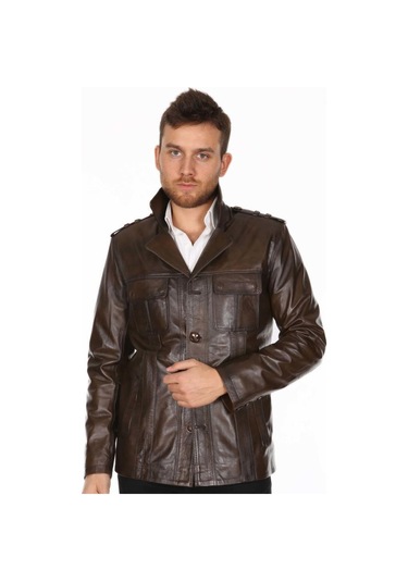 Hakiki Kuzu Derisi Yakalı Düğme Detaylı Deri Ceket Kahverengi Kahverengi