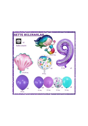 9 Yaş Deniz Kızı Temalı Doğum Günü Parti Kutlama Seti Konsept 2