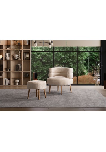 Barel Özel Tasarım Çay Seti, Berjer Ve Puf Ofis Balkon Cafe Bahçe Salon Mobilyası 2 Li Takım Krem Krem