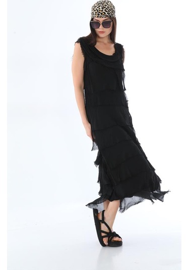 Italyan 2 Beden İnce Gösteren Kat Kat Kolsuz Ipek Elbise Siyah