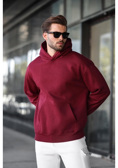 Bordo Kapüşonlu Kanguru Cep Erkek Sweatshirt E7169 Bordo