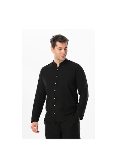 Uzun Kol Hakim Yaka Erkek Müslin Yazlık Gömlek Siyah Syh-siyah Siyah