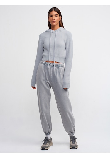 Dilvin Yumuşak Dokulu Kapşonlu Crop Kazak Gri