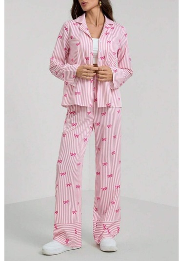 Bella Notte Pembe Fiyonk Baskılı Çizgili Pijama Takımı