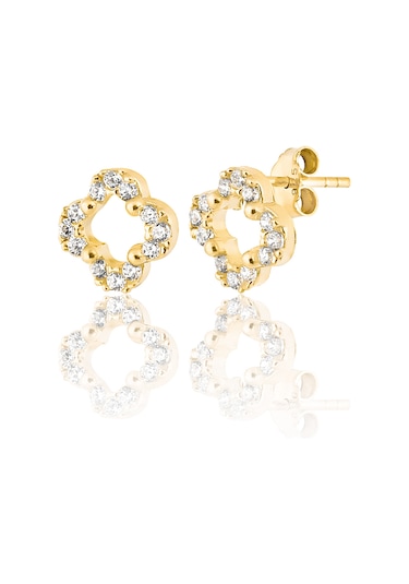 925 ayar Gümüş 14k Altın kaplama Zirkon taşı Yonca modeli minimal küpe