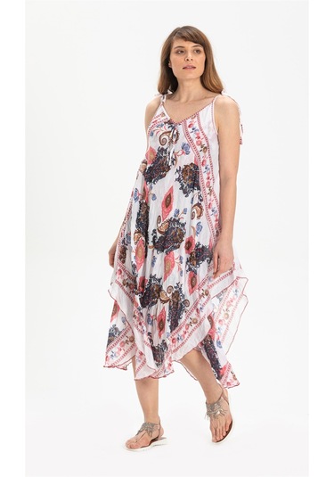 Askılı Vual Afrodit Midi Boy Elbise Beyaz 6144