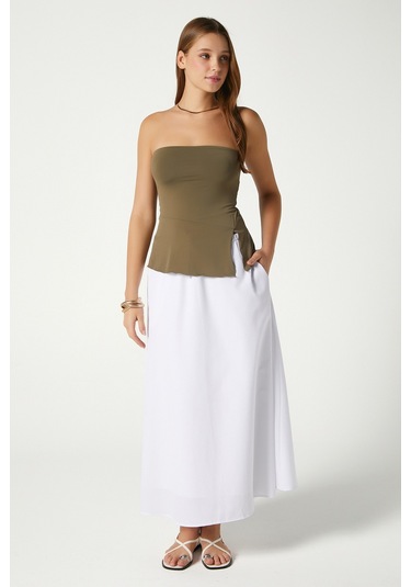 Kadın Seaside Beyaz Astarlı Bel Lastikli Cepli Dokuma Uzun Etek Beyaz