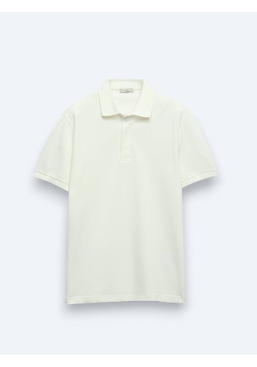Kırık Beyaz Düz Polo Yaka %100 Pamuk T-shirt KIRIK BEYAZ