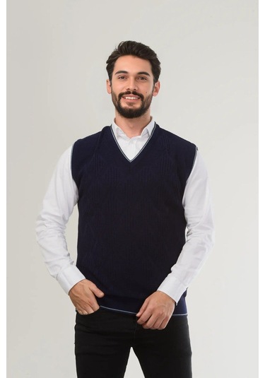 Kamalı Lacivert Erkek V Yaka Triko Örgü Tüylenmez Süveter Regular Fit Saç Örgü Desenli Lacivert