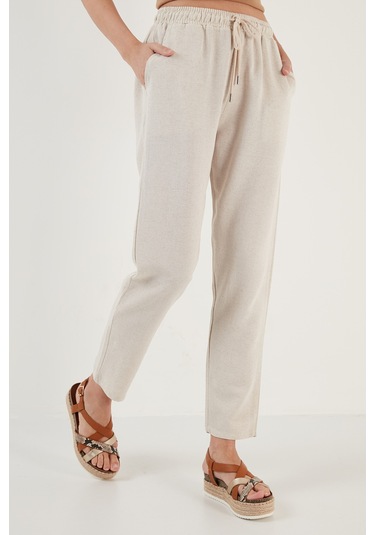 Lela Pamuk Ve Keten Karışımlı Yüksek Bel Rahat Kesim Cepli Bayan Pantolon 5865019 Bej