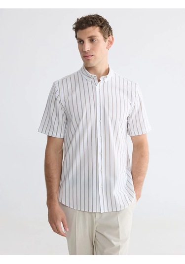 Lc Waikiki Ekru Regular Fit Çizgili Oxford Erkek Gömlek