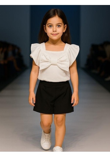 Kız Çocuk Pamuklu Fiyonklu Taşlı Bluz-15894 Ekru