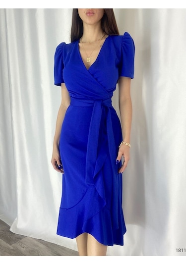 Kadın Kruvaze Yaka Midi Boy Kuşaklı Krep Elbise 120 Cm Bediva 001