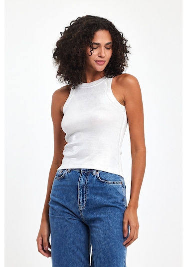 Lamaisonviolet Halter Yaka Metalik Detay Atlet Tişört Beyaz