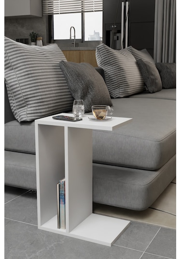 Alpa Ev Mobilya C Tasarım Koltuk Yanı Sehpa, Kitaplıklı Modern Laptop & Kahve Sehpası, Orta Sehpa Beyaz