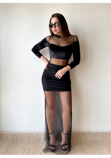 Kadın Balıkçı Yaka Transparan Dekolteli Fırsat Ürün Elbise Siyah