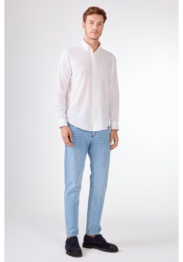 Beyaz Keten Düz Renk Regular Fit Erkek Gömlek Beyaz
