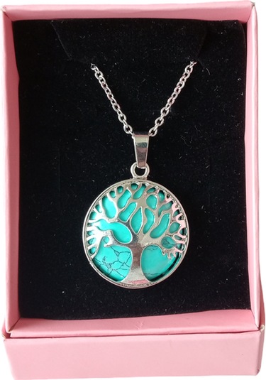 Turkuaz Doğal Taşlı Hayat Ağacı Çelik Kolye - Kadın Mor