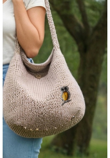 Baykuş Motifi Kaplangözü Broş Br10-7 Açık Kahverengi