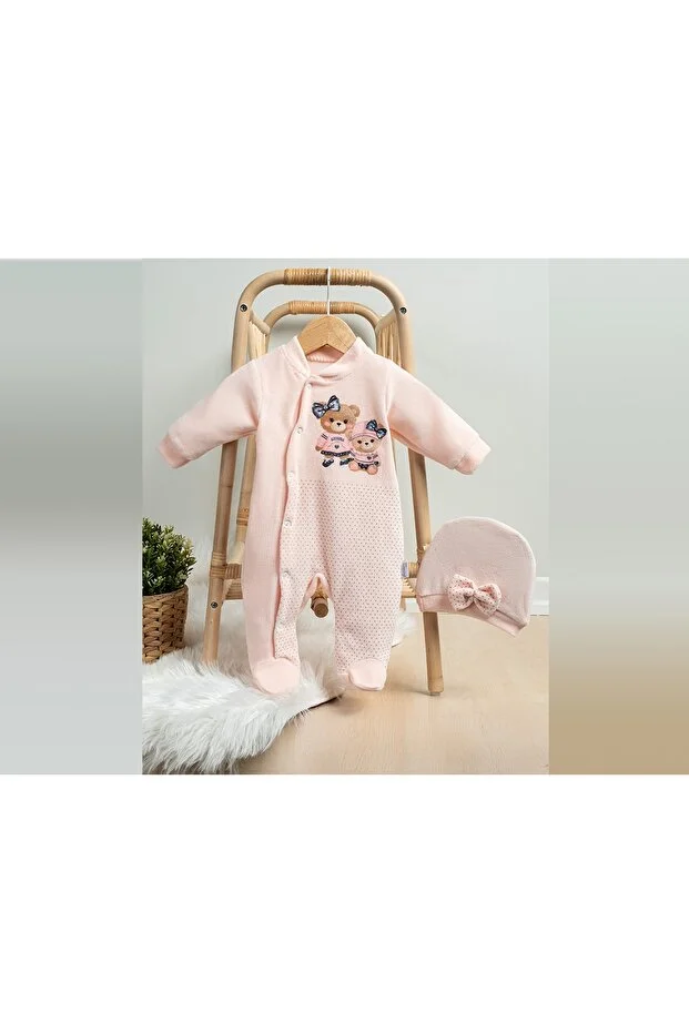 Ayıcıklar Baskılı Kız Bebek Tulum Açık Pudra