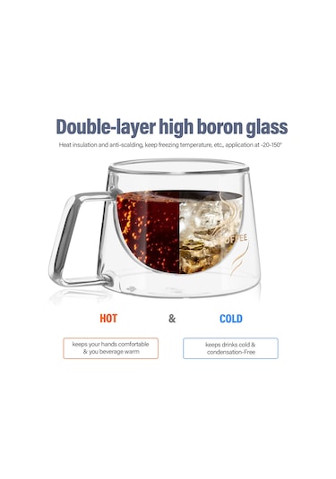 Xiyyadms 2'li Isı Yalıtımlı Cam Kahve Bardakları, Borosilikat Cam, Microwave & Lavaboya Uygun, Isı Ve Soğuk İçecekler İçin Şeffaf