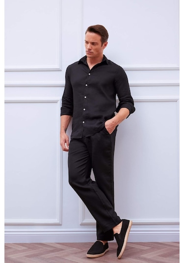 DeFacto %100 Keten Relax Fit Rahat Kesim Düz Paça Yazlık Pantolon C1117AX25SPBK81